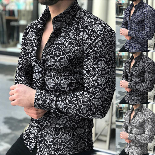 Muscular Men's Lapel Cardigan Floral Shirt Slim Shirt