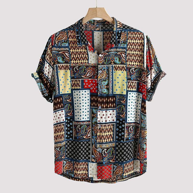 Mens Vintage Ethnic Style Printing Loose Short Casual Shirt