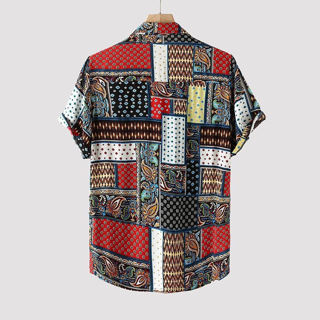 Mens Vintage Ethnic Style Printing Loose Short Casual Shirt