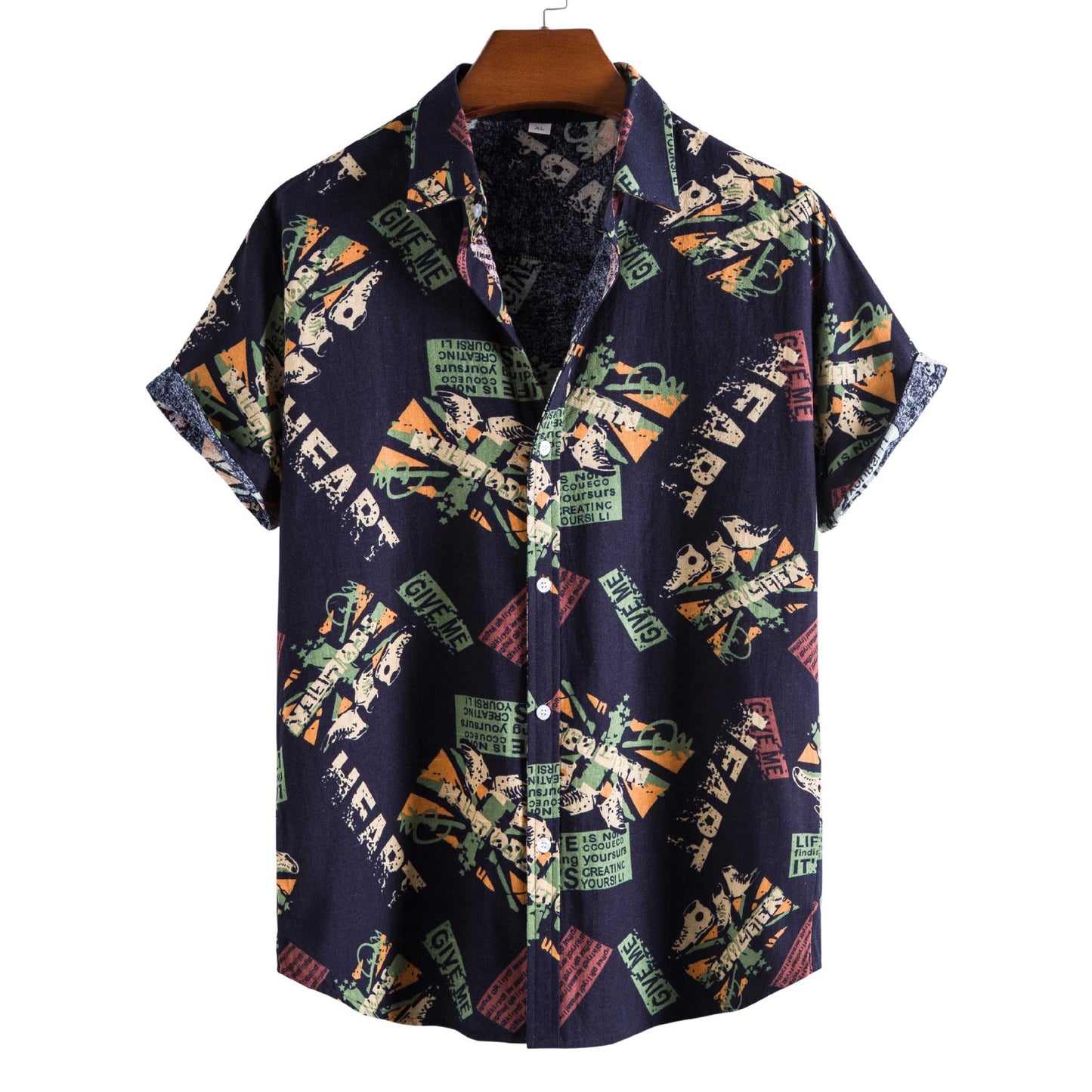 Vintage Letter Print Turn-down Collar Shirts Men Casual Short Sleeve Tops Summer Mens Button Loose Shirt Fashion Streetwear