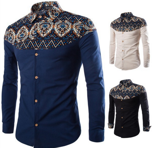 National style shirt printed long-sleeved shirt