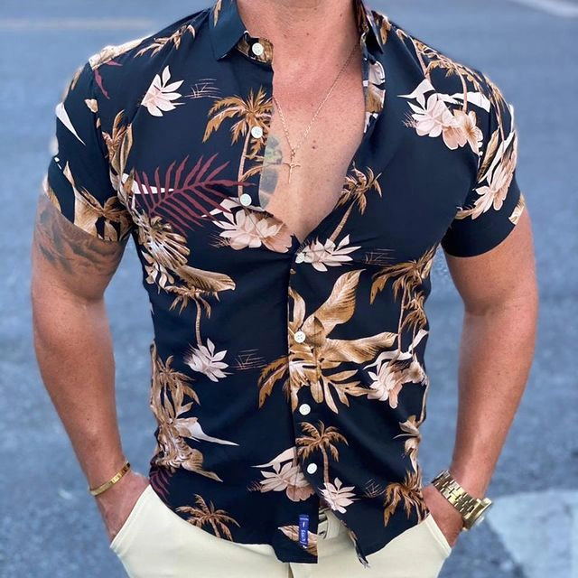 Summer New Leaf Print Shirt Men's Casual Shirt Short-Sleeved Shirt