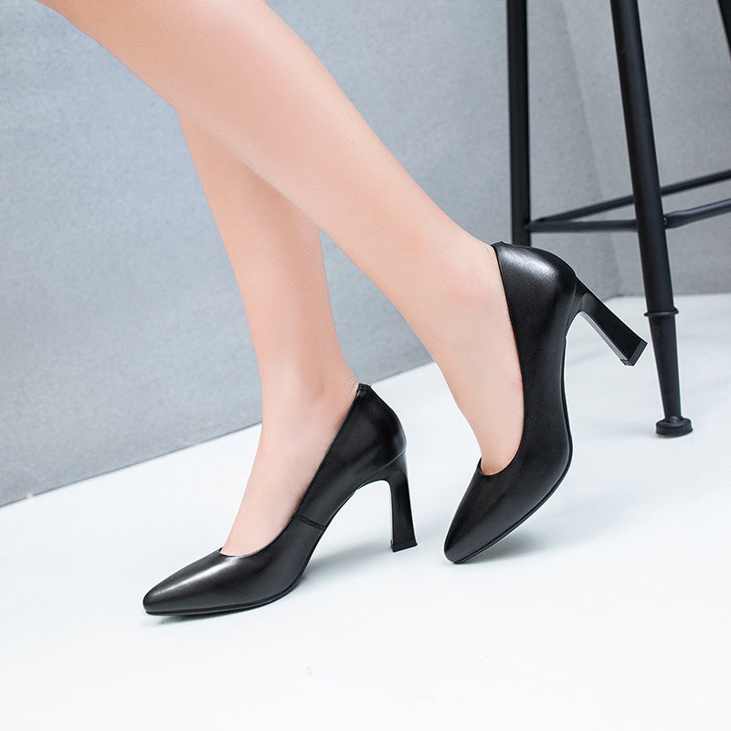 Pointed Toe Thick Heel Soft Sole Leather Women High Heels