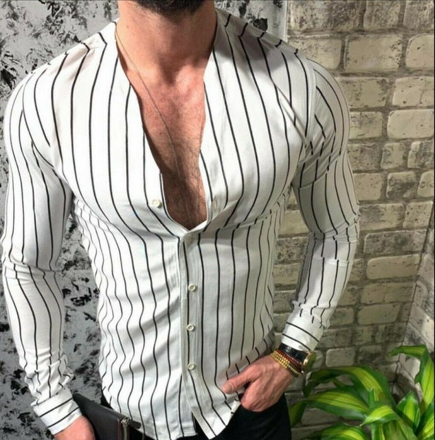 Mens Striped Long Sleeve V Neck Business Shirt Yellow