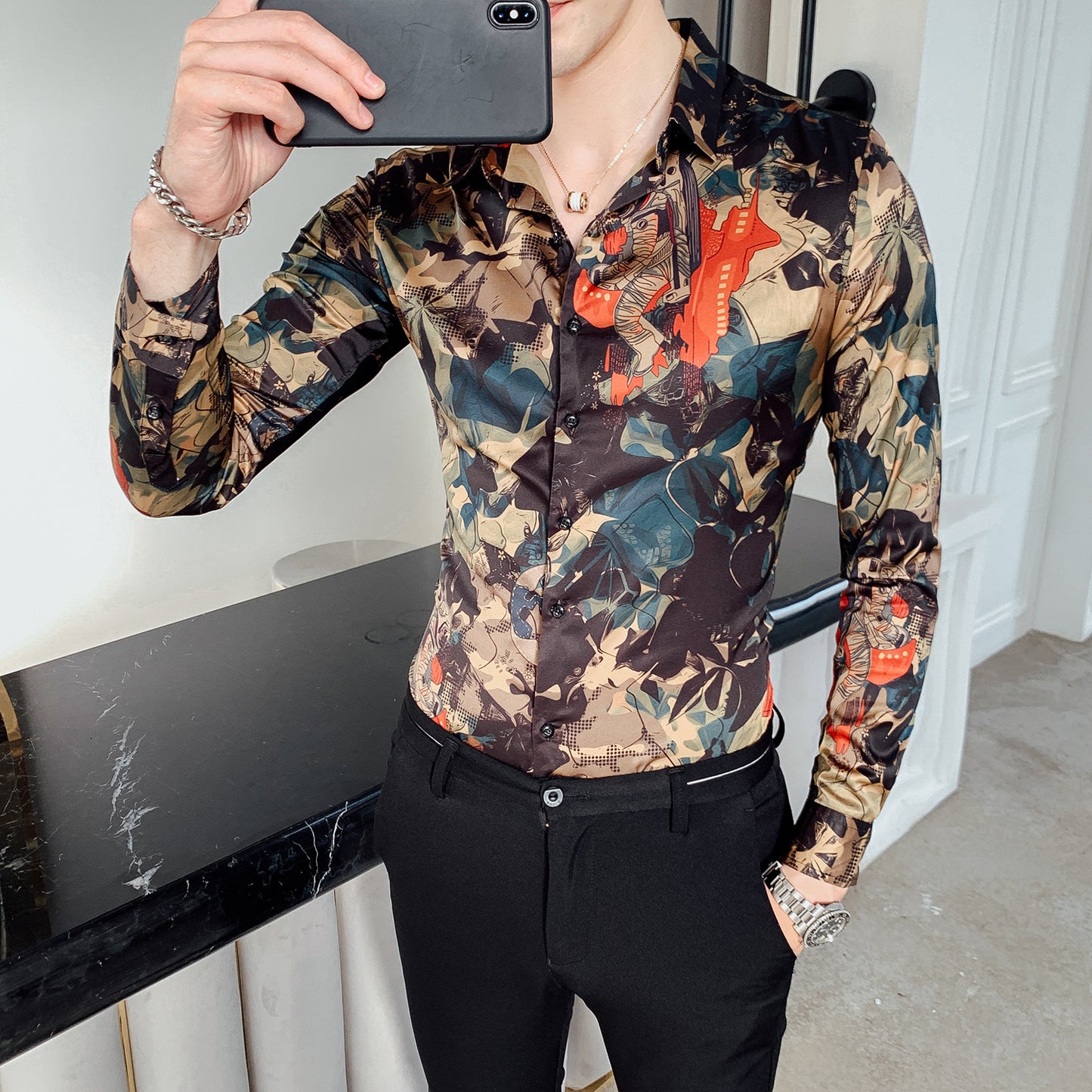 Mens Flower Shirt Long Sleeved Korean Casual Business