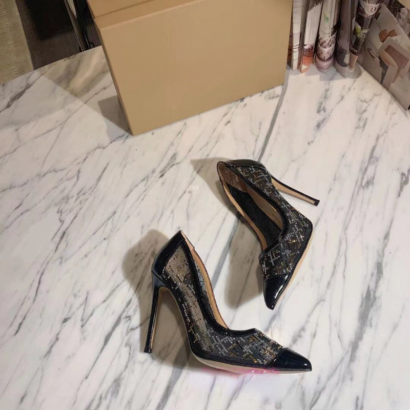 Stitching Sexy Mesh Stiletto Heels Sexy Women With Pointed Toes