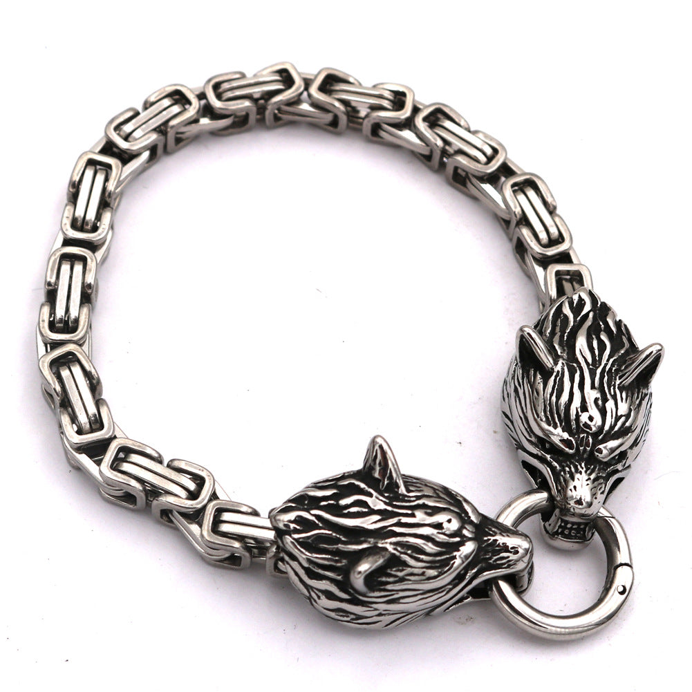 Mens Titanium Steel Pendant Wolf Head Stainless Steel Bracelet