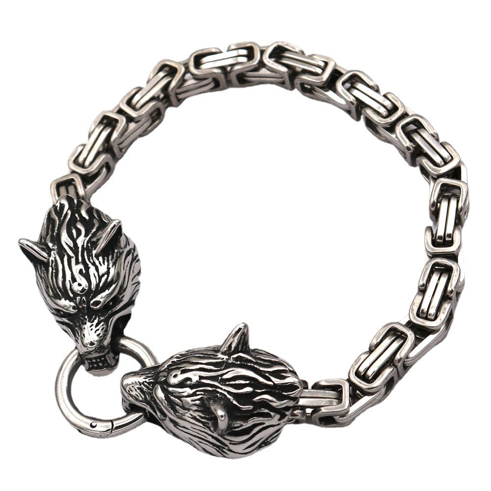 Mens Titanium Steel Pendant Wolf Head Stainless Steel Bracelet