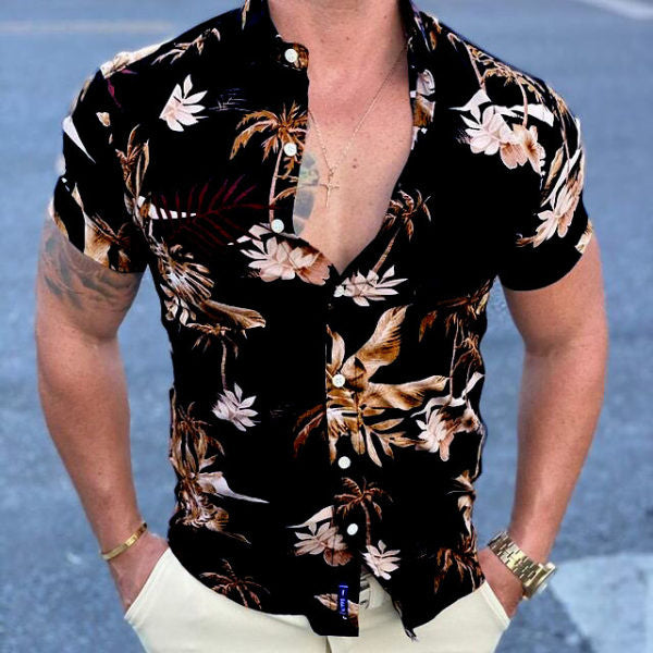 Summer New Leaf Print Shirt Men's Casual Shirt Short-Sleeved Shirt